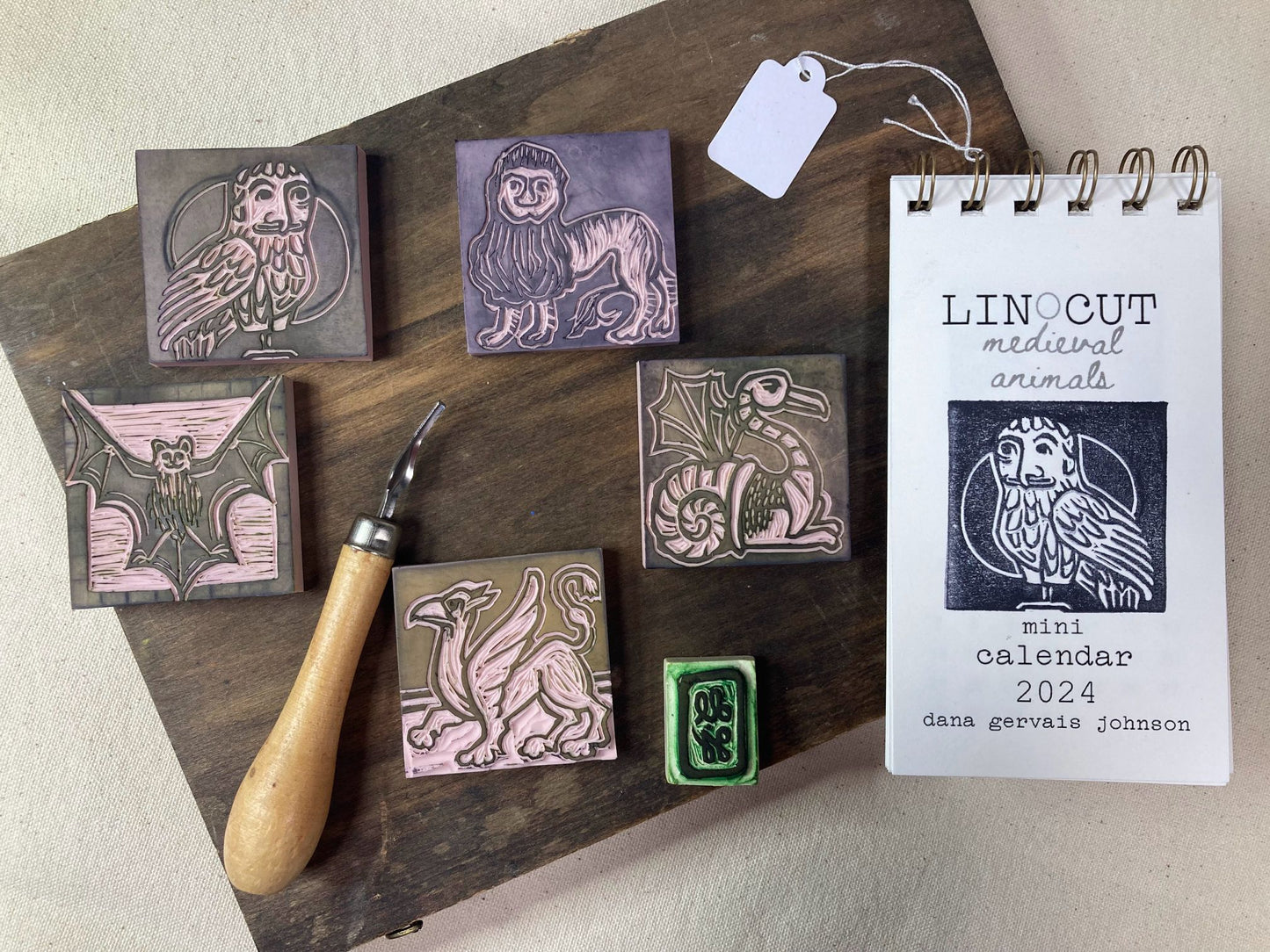 2024 Linocut Mini Calendar Medieval Animals